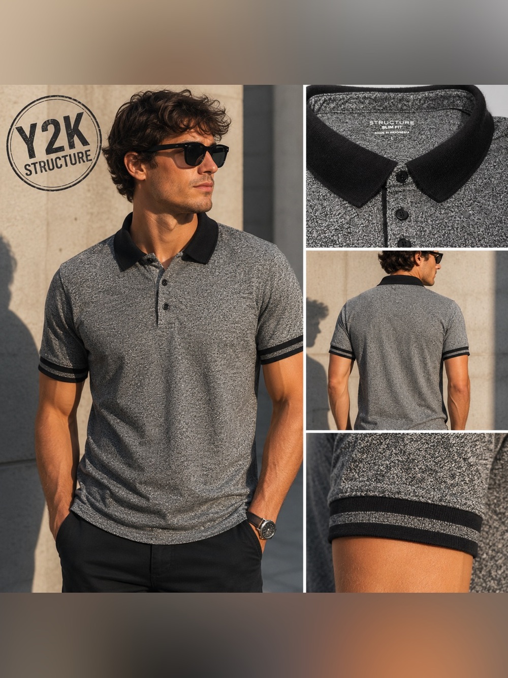 Y2K Structure Slim Fit Gray Marled Polo Shirt Men’s Vintage L (see measurements)